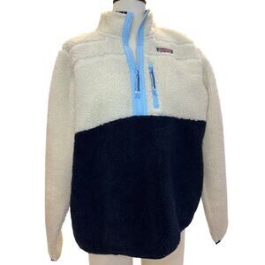 Vineyard Vines Sherpa Pullover Fleece Women’s XL Navy & Cream Blue 1/4 Zip